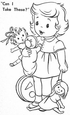 a black and white drawing of a girl holding a baby doll with the words can i take these?