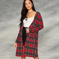 Red Plaid Print Long Sleeve Cardigan. Pockets On Front Side. Casual Red Open Front Outerwear, Casual Red Cardigan With Pockets, Sweaters Preppy, Preppy Plaid, Pocket Cardigan, Sleeve Cardigan, Plaid Print, Long Sleeve Cardigan, Side Pocket