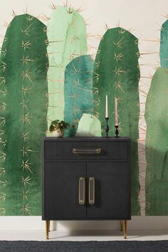 Large Green Cactus Mural Wallpaper Cactus Accent Wall, Bedroom Murals Green, Painted Bedroom Mural, Cactus Background Wallpapers, Wallpaper For Room Decor, Green Cactus Wallpaper, Cactus Mural, Green Mural, Wallpaper For Room