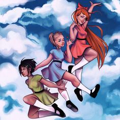 three girls flying in the air with clouds behind them