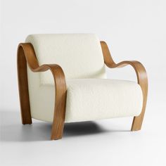 a white chair with wooden arms and legs