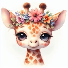 a giraffe with flowers on its head and big eyes is looking at the camera