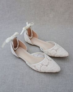 IVORY CROCHET LACE Pointy Toe with Pearls Ankle Strap - Women Shoes, Bridal shoes, Bridesmaid shoes – Kailee P. Inc. Classic Wedding Shoes, Wedding Shoes Sandals, Glitter Flats, Wedding Flats, Pointy Toe Flats, Ankle Strap Flats