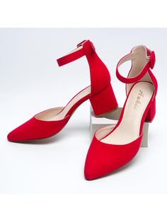 Red Elegant,Fashionable Collar  Pu  Court Pumps Embellished   Women Shoes Red Block Heels With Ankle Strap And Heel Strap, Red Block Heels With Ankle Strap, Red Ankle-high Heels With Heel Strap, Red Pointed Toe Block Heels For Spring, Red Ankle Strap Block Heels For Spring, Red Ankle-high Heels For Summer, Spring Red Block Heels With 4-inch Heel, Red Ankle Strap Block Heels With Stacked Heel, Ankle Strap Heels With Red Sole And Medium Width