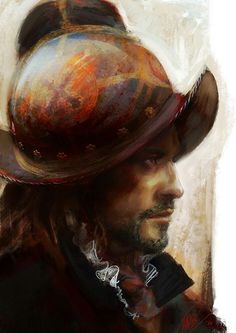 a painting of a man wearing a cowboy hat and looking to the side with his eyes closed