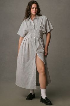 The Tobie Button-Front Pleated Shirt Dress by Exquise Pleated Shirt Dress, Long Denim Skirt, Button Down Shirt Dress, Pleated Shirt, Button Up Dress, Midi Shirt Dress, Button Down Dress, Fashion Editor, Dress With Cardigan