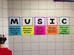 colorful sticky notes on the wall with words written in them that spell out music and other things