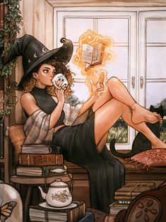 a painting of a woman sitting on a chair drinking tea and reading books while wearing a witches hat