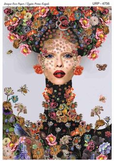 a woman with flowers on her head is surrounded by butterflies and other colorful things in the air