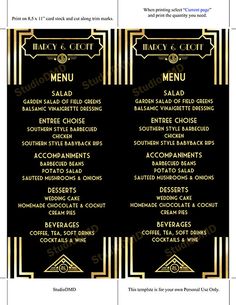 a black and gold art deco style menu for a fancy restaurant or bar, with the names