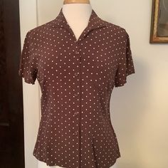 This Silk Blouse Is Like Brand New Polka Dot Collared Summer Tops, Summer Polka Dot Collared Tops, Fitted Polka Dot Tops With Short Sleeves, Fitted Polka Dot Top With Short Sleeves, Classic Fitted Polka Dot Tops, Classic Fitted Polka Dot Blouse, Brown Button-up Blouse, Brown Button-up Blouse With Button Closure, Silk Blouse