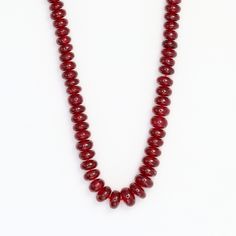 AAA Red Ruby 4mm - 6mm Smooth Rondelles Bead Strand Discover the exquisite beauty of our 16" Full Bead Strand of Red Ruby Smooth Rondelles. These 4mm beads are meticulously crafted from genuine, high-quality red rubies, offering a vibrant and captivating hue that adds a touch of luxury to any jewelry design. Ideal for jewelry designers and stores, these ruby beads are perfect for creating stunning necklaces, bracelets, and earrings. Each bead is smoothly polished to perfection, ensuring a comfortable fit and wear. As a gemstone wholesaler, we provide these ruby rondelles in bulk, offering you the best value for your money. Add a splash of color and elegance to your jewelry collection with these stunning red ruby beads. Specifications: Gemstone: Red Ruby Shape: Smooth Rondelles Size: 4mm - Classic Red Jewelry With Round Beads, Red Garnet Beaded Necklaces, Classic Red Jewelry With Polished Beads, Red Garnet Round Bead Necklaces, Red Garnet Round Beads Jewelry, Red Garnet Beaded Necklaces With Round Beads, Red Garnet Gemstone Beaded Necklaces, Red Garnet Gemstone Beaded Necklace, Red Faceted Rondelle Beaded Necklaces