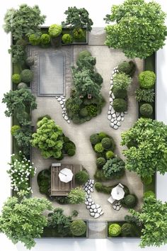 an aerial view of a garden with trees, shrubs and lawn furniture in the center