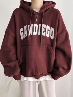 Letter Graphic Kangaroo Pocket Drop Shoulder Drawstring Hoodie Without Tee Burgundy Casual  Long Sleeve Fabric Letter Pullovers Slight Stretch  Women Clothing, size features are:Bust: ,Length: ,Sleeve Length: Pull Bleu, Hoodie Cozy, Green Hoodie, Drawstring Hoodie, 로고 디자인, Oversize Hoodie, Graphic Hoodies