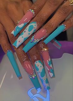 Xl Long Acrylic Nails Summer, Unique Nails Acrylic Coffin, Long Blue Acrylic Nails, Baddie Nails Acrylic Blue, Blue Acrylic Nails Coffin, Aqua Nails, Nail Work, Watermelon Nails, Long Acrylic Nail Designs