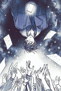 a drawing of a person falling from the sky with their hands in the air, surrounded by other people