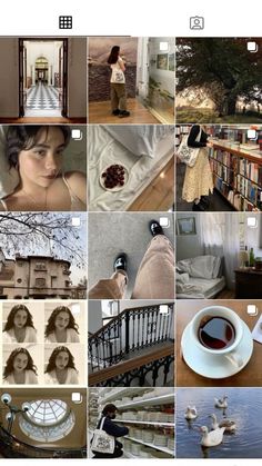 a collage of photos with coffee, books and other things in them on the screen