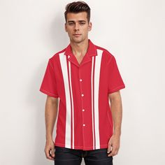 * 60s Shirt Style Men: Embrace the iconic 60s fashion with this stylish retro Red shirt, perfect for adding a retro touch to your wardrobe. * Retro Shirt Men: This shirt features a classic design with white stripes, capturing the essence of vintage retro style. * Vintage Bowling Shirt: With a nostalgic bowling shirt cut, this top combines comfort and style for a fun, casual look. * Color Block Shirt Men: The bold color block pattern adds a modern twist to the vintage style, making it a standout piece. * Versatile Vintage Style Top: Made from 95% polyester and 5% spandex, this shirt offers a cuban collar neckline with short sleeves, ideal for spring or summer. Perfect for a night out or a casual diner date when paired with jeans or dress pants. Designed in California by Trendy Hip Buys. Mad Bowling Vintage, Red Shirt Men, Vintage Bowling Shirts, Vintage Inspired Shoes, Vintage Bowling, Vintage Style Hat, Color Block Shirts, 60s Style, Bowling Shirt