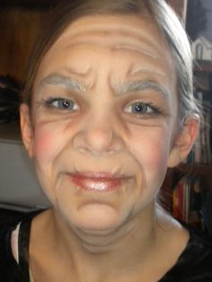 my 11 year old in stage make up for her role as Granny in Little Red Riding Hood.... Red Eyebrows, Makeup Wrinkles, Old Age Makeup, Age Makeup, Lady Makeup