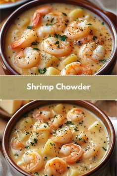 shrimp chowder in a bowl with cheese and herbs