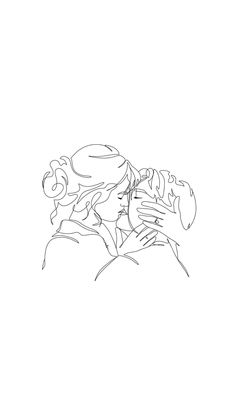 a black and white drawing of two people hugging each other with their faces close together