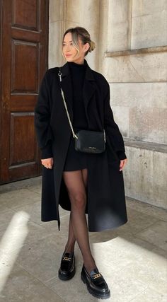 Classy Stockings Outfit, Stockings And Loafers Outfit, Loafers Stockings Outfit, Shiny Black Shoes Outfit, Old Money Outfits With Loafers, Dressy Loafers Outfit, Black Dress With Loafers Outfit, Dress With Loafers Outfit Classy, Loafers And Tights Outfit