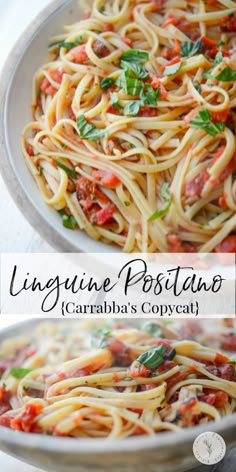 linguine pasta with tomatoes and basil in a white bowl