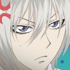 an anime character with white hair and blue eyes looks at the camera while staring into the distance