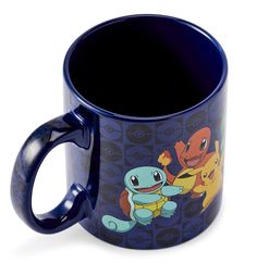 a blue coffee mug with pokemon characters on it