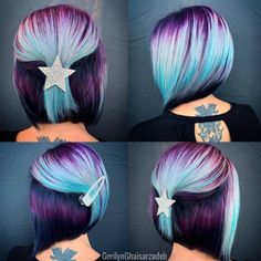 Purple To Grey Ombre Hair, Pig Tale Braids Hairstyles, Electric Blue And Purple Hair, Multiple Color Hair Dye Ideas, Vivid Hair Color Placement, Unnatural Hair Color Ideas, Medium Asymmetrical Hairstyles, Creative Hair Color Placement, Fun Haircolor