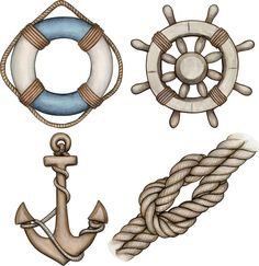 four different types of rope and anchors on a white background, each with a ship's steering wheel