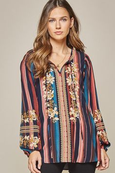 Striped & Embroidered Top, Multi – Violet Skye Boutique Puffy Long Sleeves, Perfect Blouse, Striped Pullover, Keyhole Neck, Embroidery Top, Beautiful Embroidery, Women Clothing Boutique, Long Sleeve Tunic, Embroidered Blouse