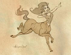 a drawing of a woman riding on the back of a horse with her arms in the air