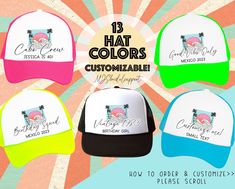 HOW TO ORDER 1. Select number of hats.  2. Put colors you want on hats in the personalization section PROOFS STRICT POLICY- sorry no proofs, the order will look like the main first photo. SHIPPING INFORMATION: NEW SHIPPING OPTION!: Select PRIORITY EXPRESS SHIPPING to upgrade your shipping to 1-2 day shipping (1 day shipping to most locations- ships from zip code 33301. To check your shipping time for express check usps.com) Keep in mind this does not include processing time which is 1-3 business Customizable Summer Hats For Birthdays, Customizable Summer Hats For Birthday, 40 Birthday Hats, Customizable Summer Birthday Hats, 40th Birthday Trip Shirts, 40th Birthday Hats For Group, 40th Birthday Vacation Shirts, 40th Birthday Can Koozie, Bachelorette Hats