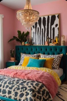 a bedroom with pink walls, leopard print bedding and a turquoise headboard in front of a painting on the wall