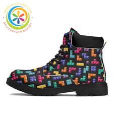 Get ready to rock the retro look with these one-of-a-kind Tetris-inspired boots! Perfect for everyday wear, these funky and fashionable boots will show off your unique 80's style and add a fun twist to any outfit. So don't be boring, embrace your inner gamer and step into these quirky boots! We create Funky Boots for EVERYONE which look amazing all the time...Wear them out for any occasion, any condition - new or old and of course, at any time of the year! Durable and Eco-conscious synthetic leather material for Mid Calf Boots. Rubber Lug Outsoles provide exceptional traction and durability. Fully Lined Mesh fabric and foamed interior and handcrafted with integrity. Custom Developed Reinforced Eyelets with breathable EVA foamed insoles. Polyester Laces front with outside zip for easy wear Retro Multicolor Round Toe Boots, Funky Multicolor Boots For Spring, Multicolor Platform Boots With Round Toe, Multicolor Platform Boots With Synthetic Material, Funky Boots, Multicolor Lace-up Boots With Rubber Sole, Athleisure Leggings, Calf Boots, Mid Calf Boots