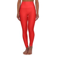 These skinny fitting high-waisted yoga leggings will take you from workout to store run in comfort and style. They are fully customizable with an all-over print that adds an instant pop to any athleisure wardrobe.\n\nNote: Runs small, consider sizing up!\n.: 83% Polyester, 17% Spandex\n.: Skinny fit\n.: Outside seam thread is color-matched to design\n.: Interior white seam thread\n.: Double layer waistband\n.: Please note: Slightly see-through when stretched. Some of the undyed white underneath material may become visible at the seams or where sewn.\n.: Assembled in the USA from globally sourced parts High Waisted Yoga Leggings, Legging Sport, Legging Outfits, Womens Leggings, Red High, High Rise Leggings, Black Excellence, Gym Wear, Outfits With Leggings