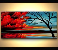 an abstract painting of trees with red leaves and blue sky in the background, along with water