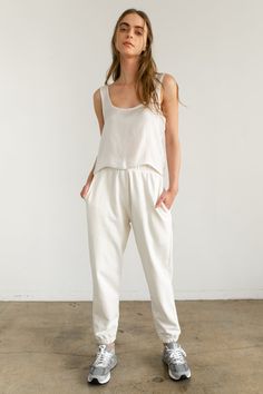 High Waist Sweatpants - Almina Concept Relaxed Fit Everyday Joggers With Straight Hem, Solid Straight Leg Harem Pants For Loungewear, Summer Relaxation Sweatpants With Elastic Waistband, Comfortable Sweatpants For Summer Relaxation, Relaxed Harem Pants With Elastic Waistband For Loungewear, Effortless White Loungewear Bottoms, Comfortable Summer Sweatpants For Relaxation, White Cotton Tapered Leg Harem Pants, Relaxed Tapered Leg Sweatpants In Solid Color