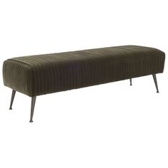 a long bench with metal legs and a brown upholstered design on the back