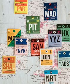 a map that has many different types of stickers on it, including letters and numbers