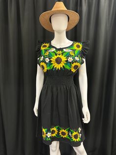 Beautiful Mexican embroidered sunflower short sleeve dress with elastic around waist for an adjustable fit. Casual Fitted Dress With Sunflower Print, Casual Fitted Sunflower Print Dress, Casual Sunflower Print Beach Dress, Summer Sunflower Print Short Sleeve Dresses, Sunflower Shorts, Short Sleeve Dress, Sleeve Dress, Sunflower, Short Sleeve Dresses