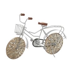 a white bicycle with wooden spokes on the front and back wheels, is shown