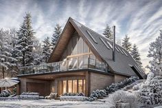 a house in the middle of winter with snow on the ground and trees around it