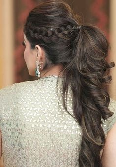 Pony Hairstyle For Saree Look, Hair Bun For Gown, Hairstyle With Gown Western, Saree Pony Hairstyle, Indo Western Hairstyles Women, Ponytail For Saree Look, Indian Hairstyles For Gown, Latest Hairstyles With Saree, Ponytail On Saree