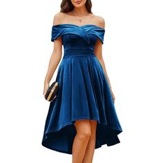 Nwt Gorgeous Blue Stretch Velvet High Low Off The Shoulder Knee Length Dress. Perfect For A Holiday Party! Zipper Back. Cute Skater Dresses, Stretch Velvet Dress, Off Shoulder Cocktail Dress, Party Cocktail Dress, Work Dresses For Women, Cocktail Dress Wedding, Women Formals, Formal Dresses For Women, Dress Cuts