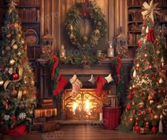 a fireplace decorated for christmas with stockings and stockings