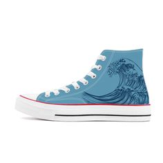 The Great Wave High Top Blue Canvas Shoes - Kaito Japan Design Painted Converse High Tops, Painted Converse, Kanagawa Prefecture, Blue Converse, The Great Wave, Tidal Wave, White High Tops, Great Wave Off Kanagawa, Converse Style