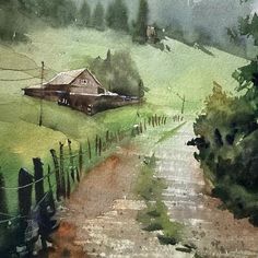 a watercolor painting of a country road