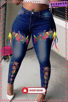 Deep Blue Fashion Casual Solid Bandage High Waist Skinny Denim Jeans Multicolor High Rise Denim Jeans, Everyday Outfits Fall, Artsy Clothing, Artsy Outfit, Sneaker Art, Jacket Denim, Outfits Fall, Women Clothes, Blue Fashion